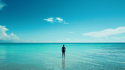 Clear turquoise waters invite a solitary figure wading with a beautiful blue sky overhead and a whisper of clouds