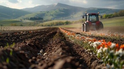 Tractor Plowing Field with Flower Edges in Spring

