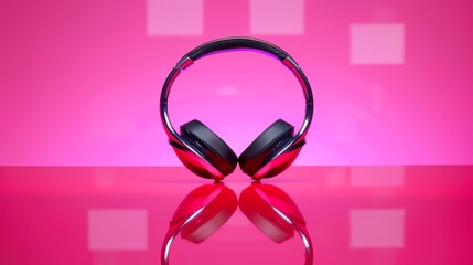   A pair of headphones rests atop a pink reflective surface, its mirror image visible in the smooth finish beneath