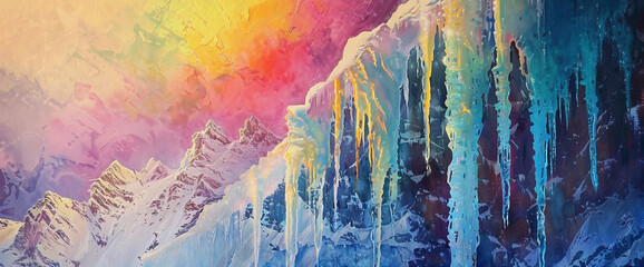 Crystal-clear icicles hanging from the jagged cliffs of a snow-capped mountn, refracting the vibrant colors of a rnbow stretching across the sky.