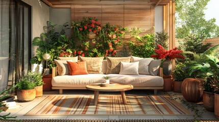 Outdoor Sofa Patio Oasis: An illustration of an outdoor sofa on a patio oasis, with decorative pillows