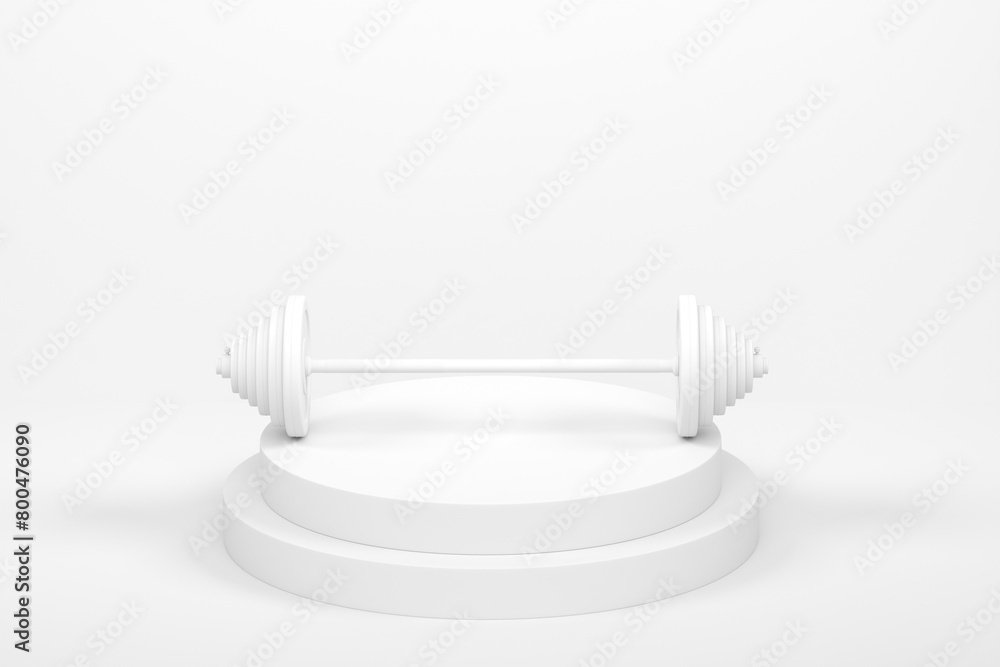 Poster barbell with metal disks on cylinder podium with steps on monochrome background