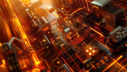 abstract background illustration with computer, network and electronic inspired graphic elements in warm digital colors