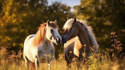 Two horses in the meadow leaned towards each other, showing tenderness and affection