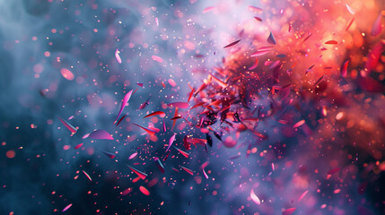 A dynamic burst of vivid digital particles, swirling and colliding in an orchestrated chaos against a clean backdrop.
