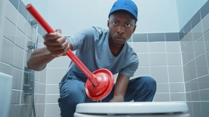 Man Unclogging Toilet with Plunger - obrazy, fototapety, plakaty