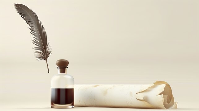 A realistic portrayal of a paper scroll and feather quill pen placed in an ink bottle, symbolizing traditional forms of education, poetry, and graduation. Vector 3D illustration.