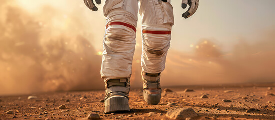Close-up of an astronaut's legs to a spacesuit walking on the surface of mars with space in the background. Space exploration, new planets. - Powered by Adobe