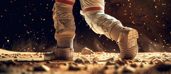 Close-up of an astronaut's legs to a spacesuit walking on the surface of mars with space in the background. Space exploration, new planets.
