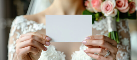 Closeup woman bride in dress holding empty blank business card in hands, mockup with copy space.