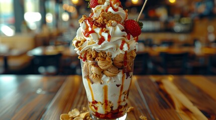   A sundae dessert with whipped cream, strawberries, granola, and various toppings on the table