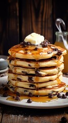 stack of pancakes on a plate with milk butter wit choco chips and honey