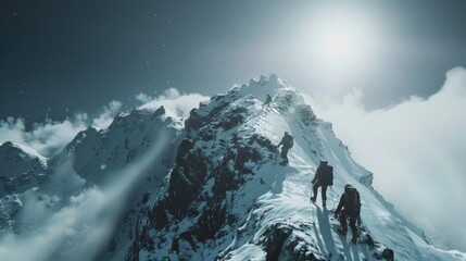 Majestic Winter Mountain Expedition at Sunrise with Climbers
