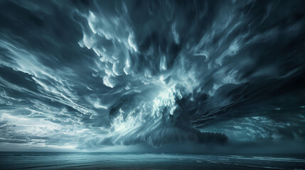 An intense image capturing the eerie beauty of a tumultuous ocean storm, showcasing a swirling mass of dark, dramatic clouds - obrazy, fototapety, plakaty
