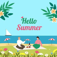 Hello summer template illustration. Summer holidays vacation banner. Happy family on picnic. Summer shopping event. Vector illustration EPS10 Vector illustration EPS10.