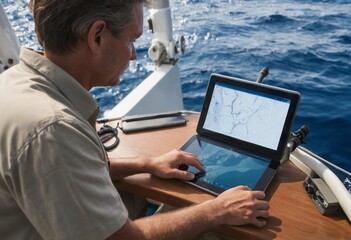 A marine researcher analyzes data on a boat, contributing to oceanography studies. His work combines sea exploration with scientific inquiry.