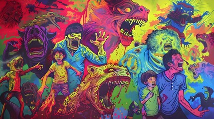 Colorful Psychedelic Pop Art Depicting Fearful Retreat Horrified Screams Monstrous Beasts and a Terrified Family s Desperate Escape