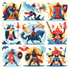 Powerful Mystical Warriors Engaged in Decisive Elemental Clash in Flat Design