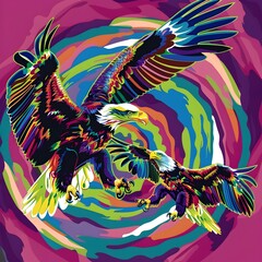 Obraz premium Triumphant Soaring Eagles in Vibrant Psychedelic Pop Art Composition