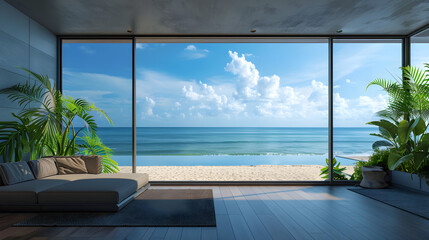 Beautiful home interior with a view of the ocean and beach, perfect for a summer getaway or tropical-themed decor