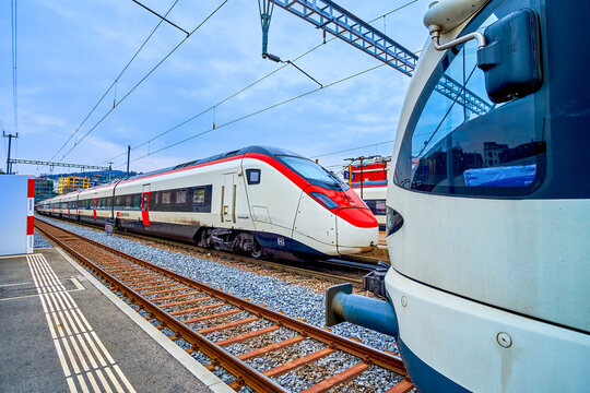 Modern trains on Lugano Train Station, on March 18 in Lugano, Switzerland
