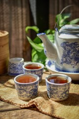 Asian traditional hot tea, morning light ,retro tea set