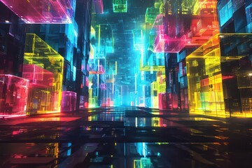 Naklejka premium colorful bright lit cubes on a dark background