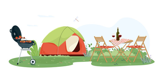 Flat vector illustration camping with a tent. Outdoor recreation with cooking grill, green plants, trees. Garden modern furniture for barbecue and picnic. Cartoon template BBQ summer parties