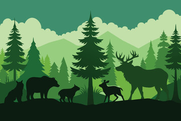 Horizontal seamless landscape with forest animals’ silhouettes. Coniferous woods with bear, wolf, fox, stag, deer, eagle, falcon, buffalo, pig. Green wildlife background for prints
