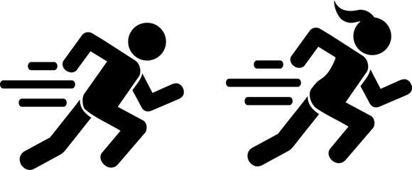 Fast running man and woman icon isolated on white background. People symbol. Vector illustration.