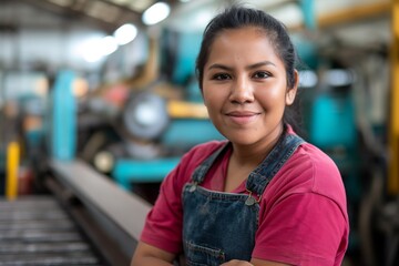 smiling hispanic female factory worker posing looking at the camera.