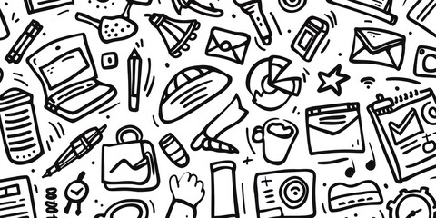 business icons in simple outline doodle design scattered on a full background
