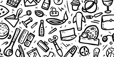 business icons in simple outline doodle design scattered on a full background