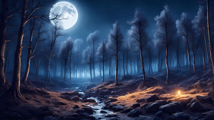 dark forest scenery at night,beautiful glowing under full moon,Generative AI