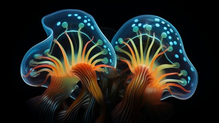 A glowing jellyfish with blue spots and orange tentacles.