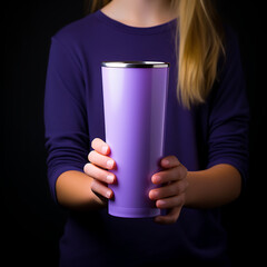 Female hand holding purple thermos bottle , close-up view - obrazy, fototapety, plakaty
