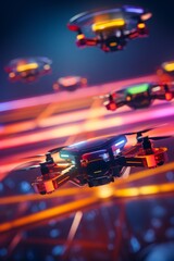 Naklejka premium A group of futuristic drones flying through a neon-lit city.
