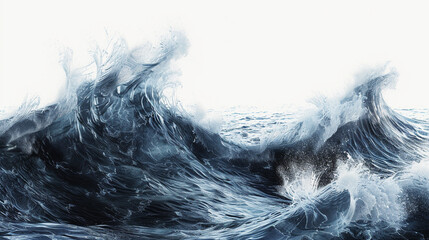 A dramatic and turbulent wave cresting with energy, isolated on a solid white background.