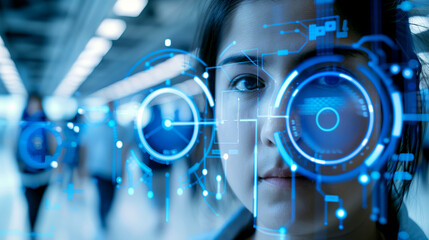 close up of Woman with Futuristic digital face scanning interface. Cyber and facial recognition security concept