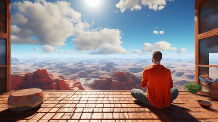 A man sitting on a wooden floor, meditating, with a beautiful landscape in the background