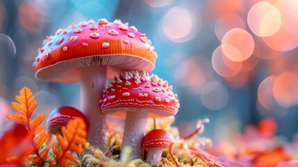   A collection of mushrooms atop a verdant forest, abundant with red and white blooms and foliage