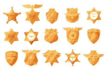 Police gold Badges. Police labels. Policeman law enforcement badges. Sheriff, marshal and ranger logo, police star medallions. Sheriff Badges.