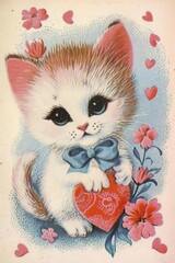 1970s Cute Kitty With Big Eyes Wearing Blue Bowtie Holding A Heart, Pink Flowers On The Side,...