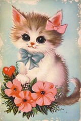 Cute Kitty Wearing Blue Bowtie And Pink Ribbon, Pink Flowers And Red Heart On The Side, Retro...