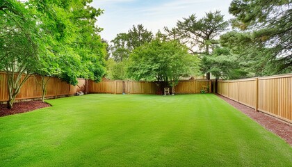Spacious Green Backyard Enclosed by a Fence, Adorned with Trees