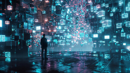 A man stands in front of a wall of cubes, with a blue and red background