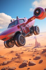 A red futuristic flying car hovers above the desert.
