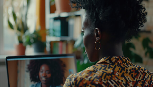 Looking over the shoulder of a women on a teams / zoom chat call on her laptop