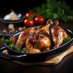 Baked Quails Presented in a Pan on a Captivating Dark Surface