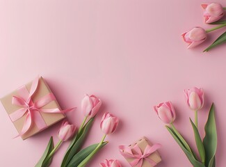flat lay of a pastel pink background with tulips and a gift box